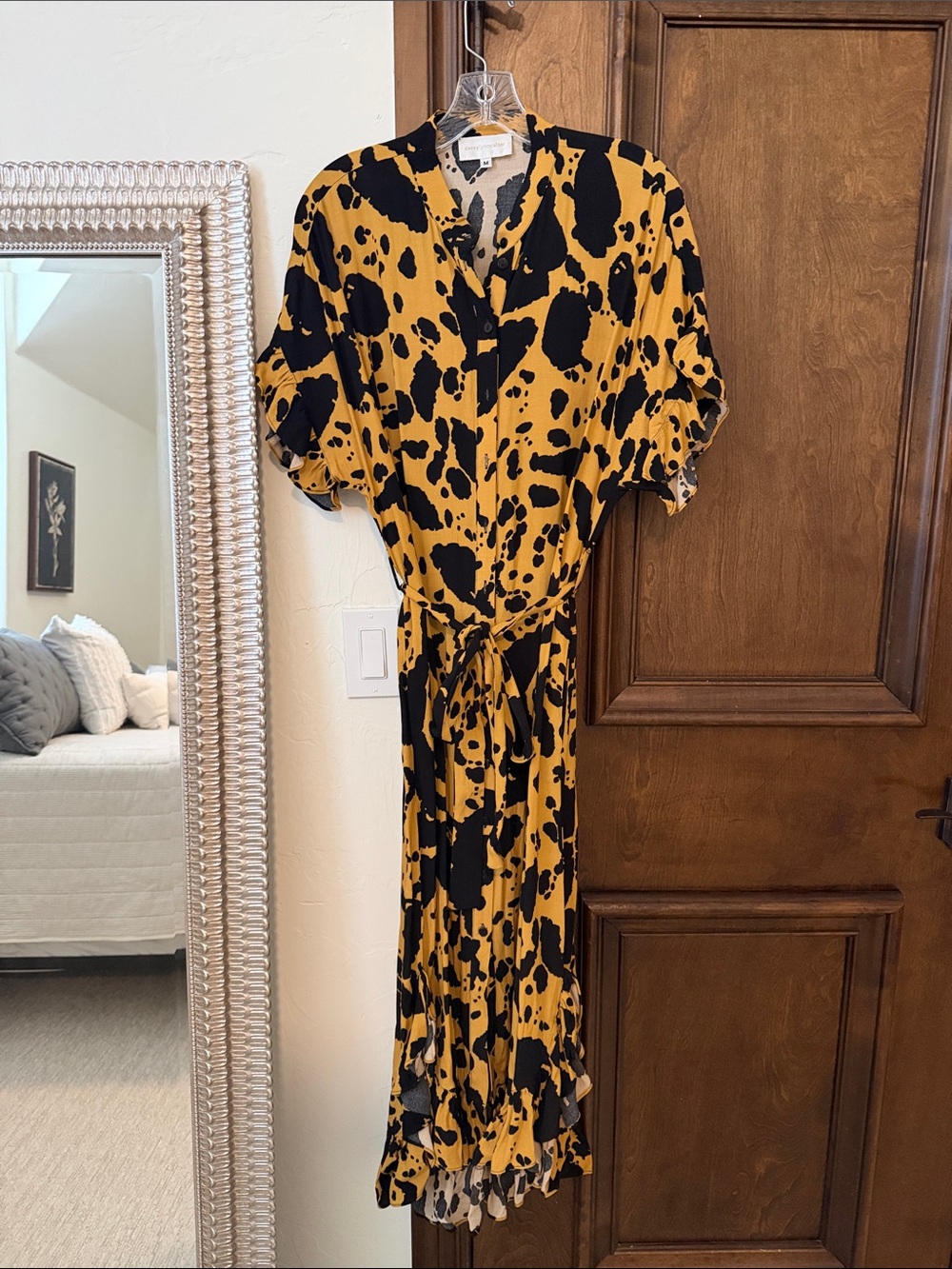 Corey Lynn Calter Mustard and Black Printed Tie-Waist Dress from Anthropologie